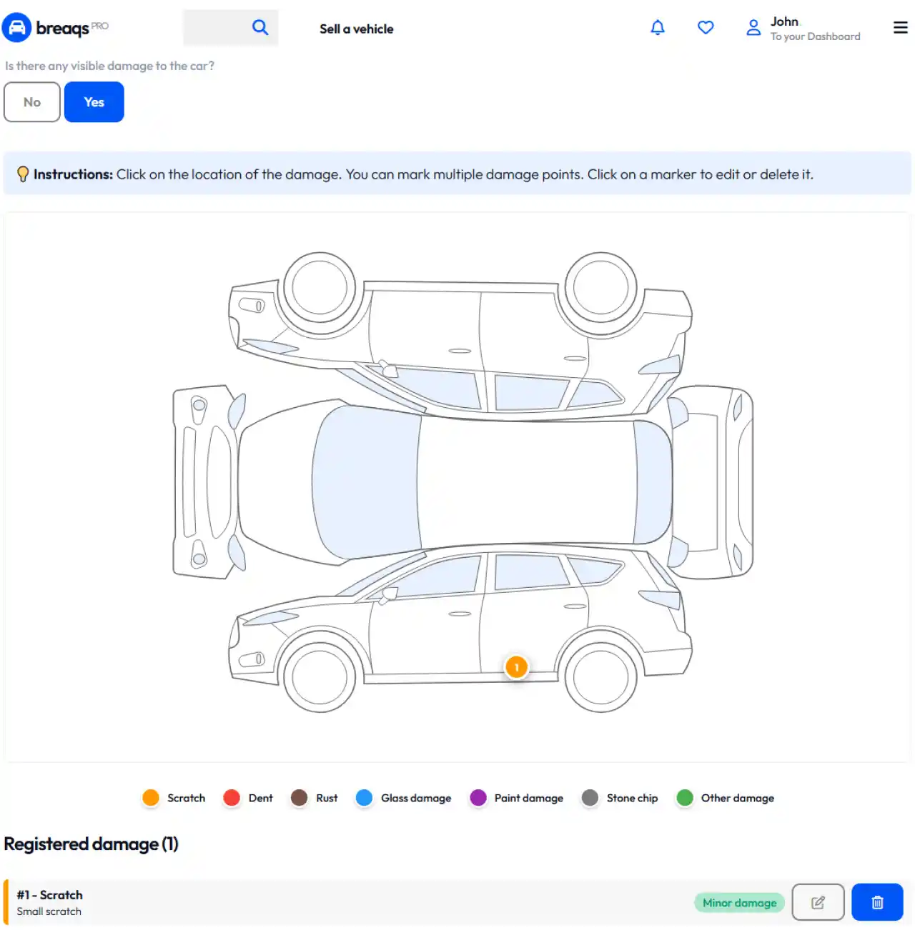 Vehicle damage report screenshot